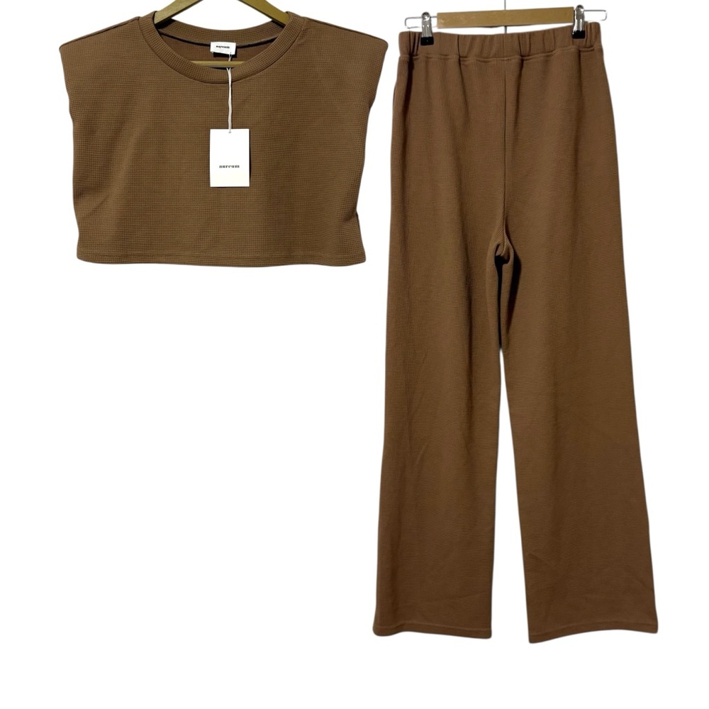 NEW Aureum Medium Tan Waffle Knit Top Wide Leg Pants Neutral Minimalist Travel
